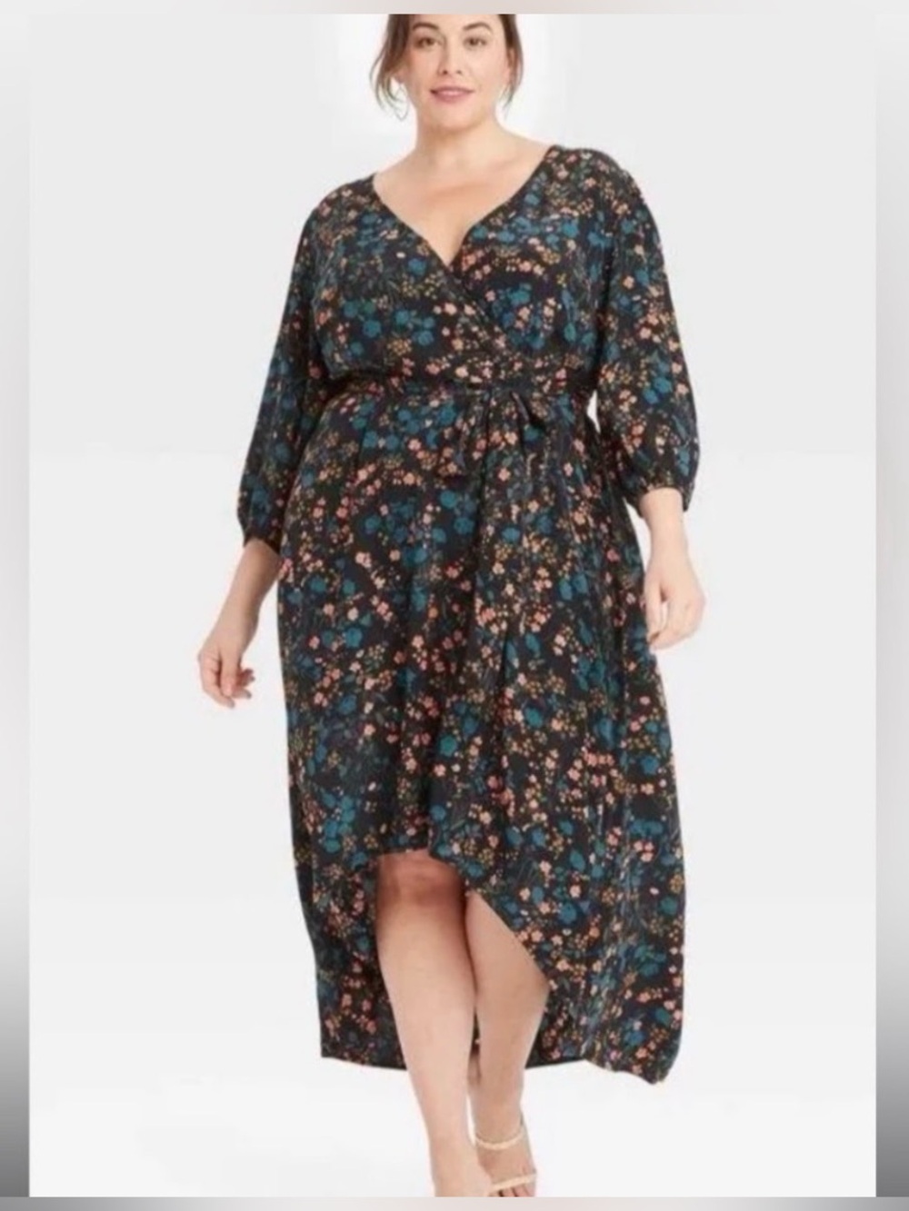 Ava & Viv Floral High-Low Midi Dress XL Faux Wrap With Balloon Sleeve